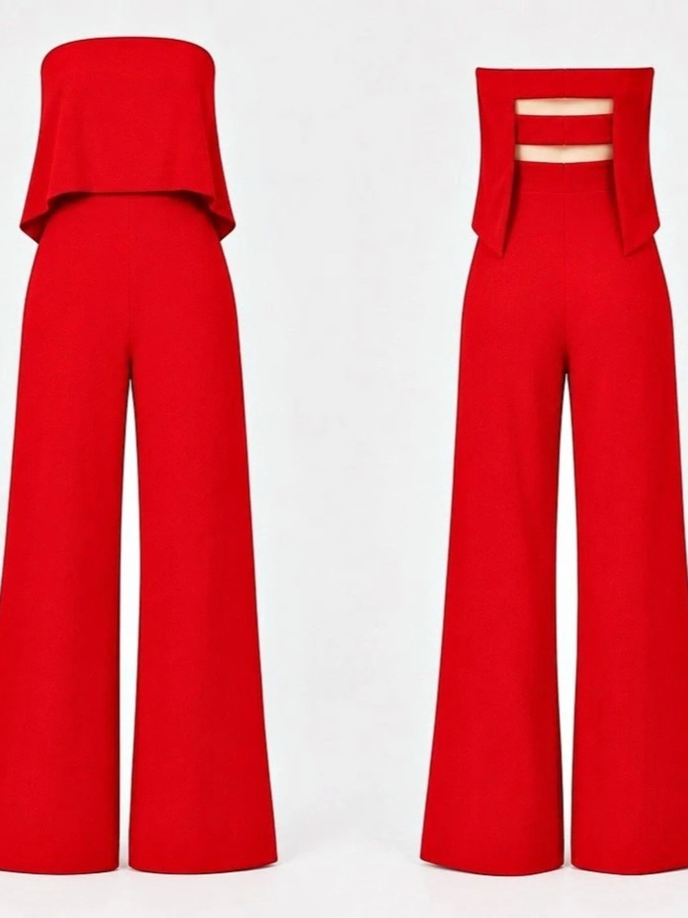 Jay Godfrey | Red Wide-Leg Strapless Ruffle Jumpsuit